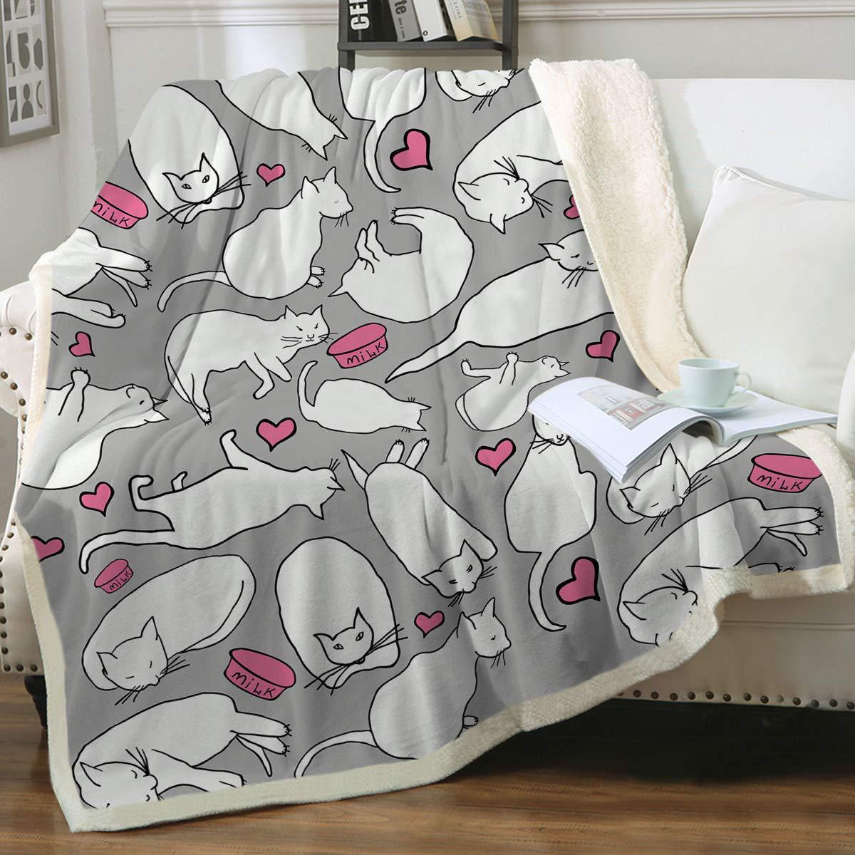 KFX-6031165 Cartoon Animal Pattern Cat Sherpa Blanket - Double Layer, Available in Multiple Sizes