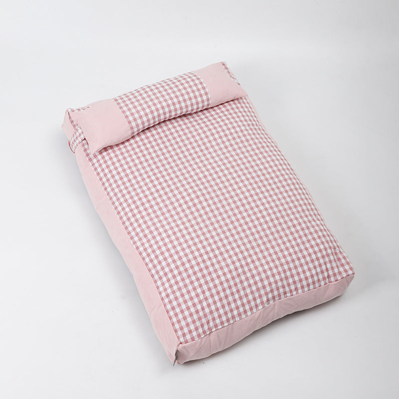 KFX-6033981 Plaid Pet Bed with Removable and Washable Mattress in Khaki and Pink Options