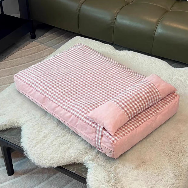 KFX-6033981 Plaid Pet Bed with Removable and Washable Mattress in Khaki and Pink Options