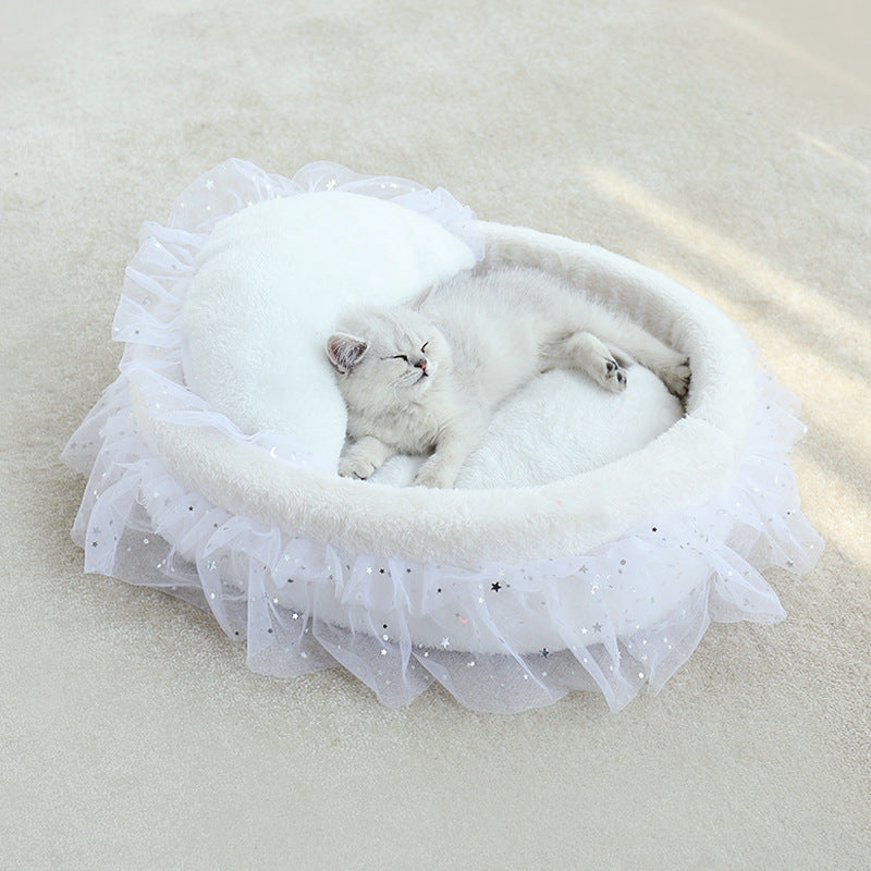 KFX-6034365 Semi-Enclosed Cat House with Soft Cloth Design in Gray, Pink, and White - Available in Two Sizes (M & L)