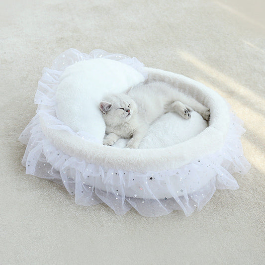 KFX-6034365 Semi-Enclosed Cat House with Soft Cloth Design in Gray, Pink, and White - Available in Two Sizes (M & L)