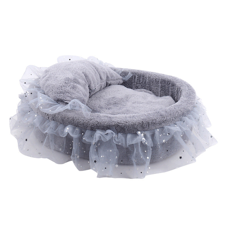 KFX-6034365 Semi-Enclosed Cat House with Soft Cloth Design in Gray, Pink, and White - Available in Two Sizes (M & L)