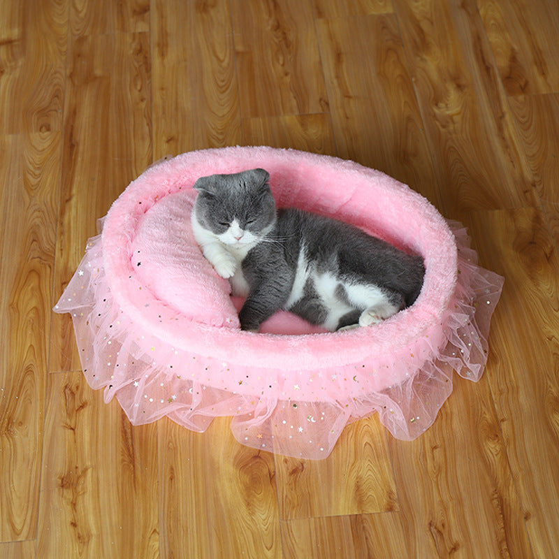 KFX-6034365 Semi-Enclosed Cat House with Soft Cloth Design in Gray, Pink, and White - Available in Two Sizes (M & L)