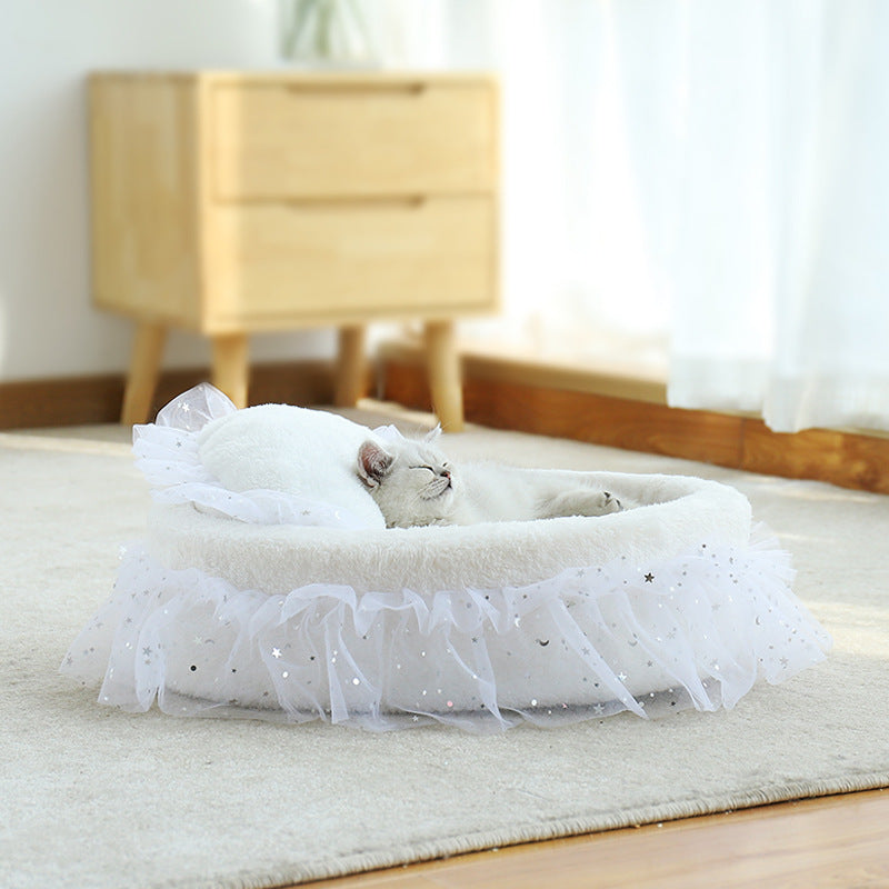 KFX-6034365 Semi-Enclosed Cat House with Soft Cloth Design in Gray, Pink, and White - Available in Two Sizes (M & L)