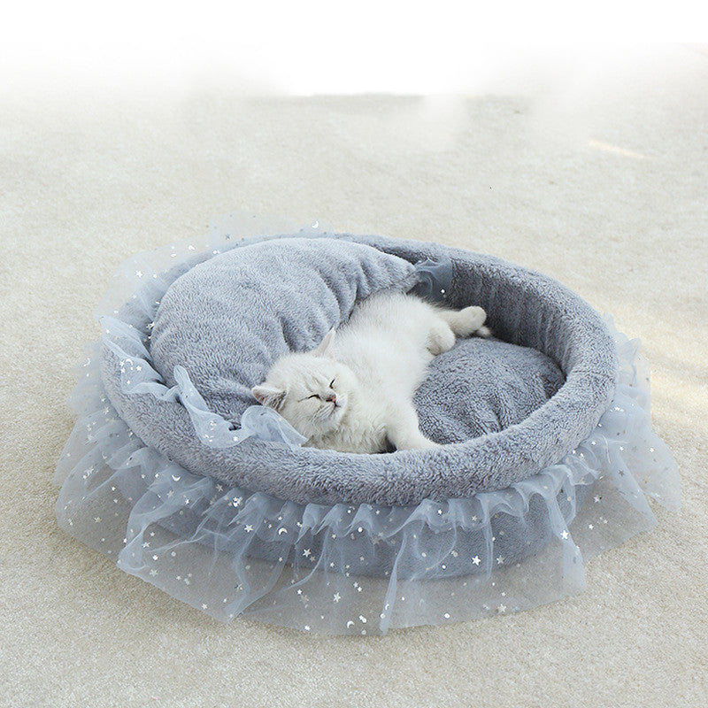 KFX-6034365 Semi-Enclosed Cat House with Soft Cloth Design in Gray, Pink, and White - Available in Two Sizes (M & L)
