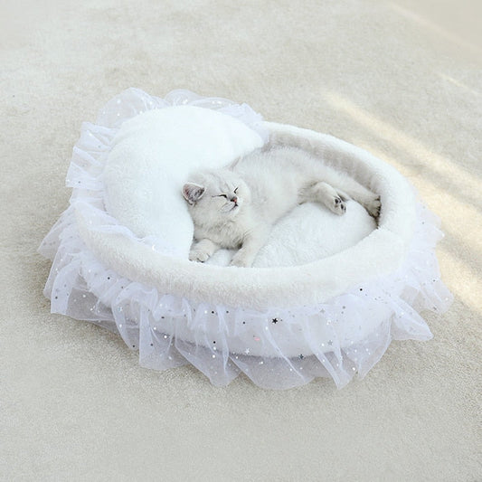 KFX-6034365 Semi-Enclosed Cat House with Soft Cloth Design in Gray, Pink, and White - Available in Two Sizes (M & L)