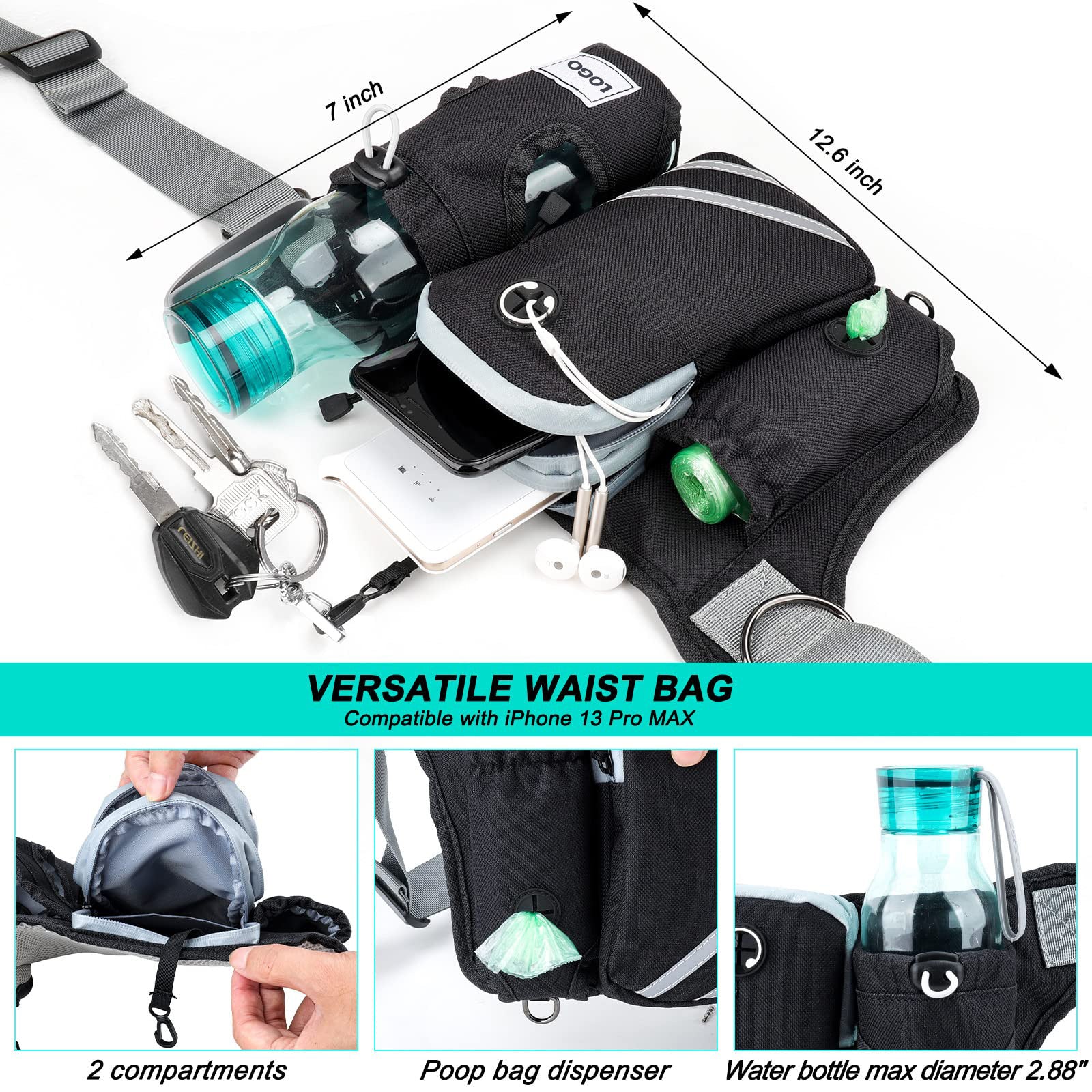 KFX-6039869 Waterproof Outdoor Pet Training Waist Bag with Adjustable Leash and Collar Set