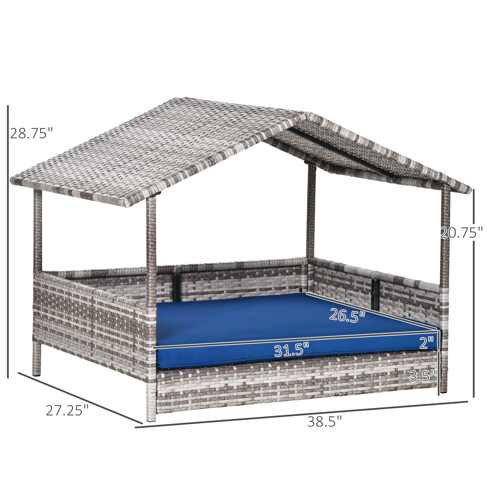 KFX-6044477 Indoor/Outdoor Rattan Pet House with Water-Resistant Cushions and Elevated Design, Dark Blue