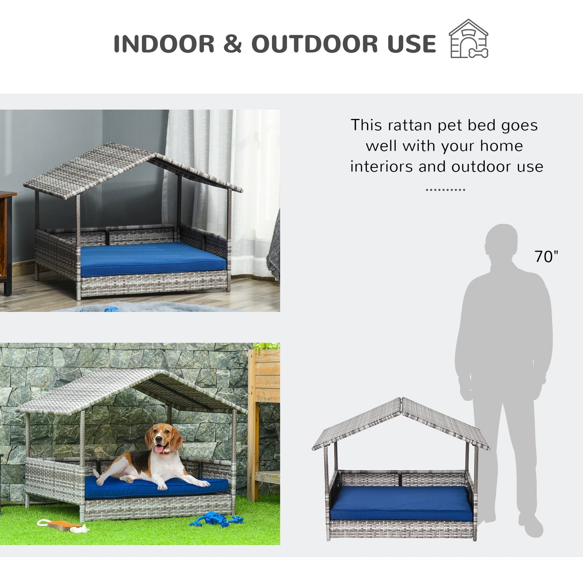 KFX-6044477 Indoor/Outdoor Rattan Pet House with Water-Resistant Cushions and Elevated Design, Dark Blue