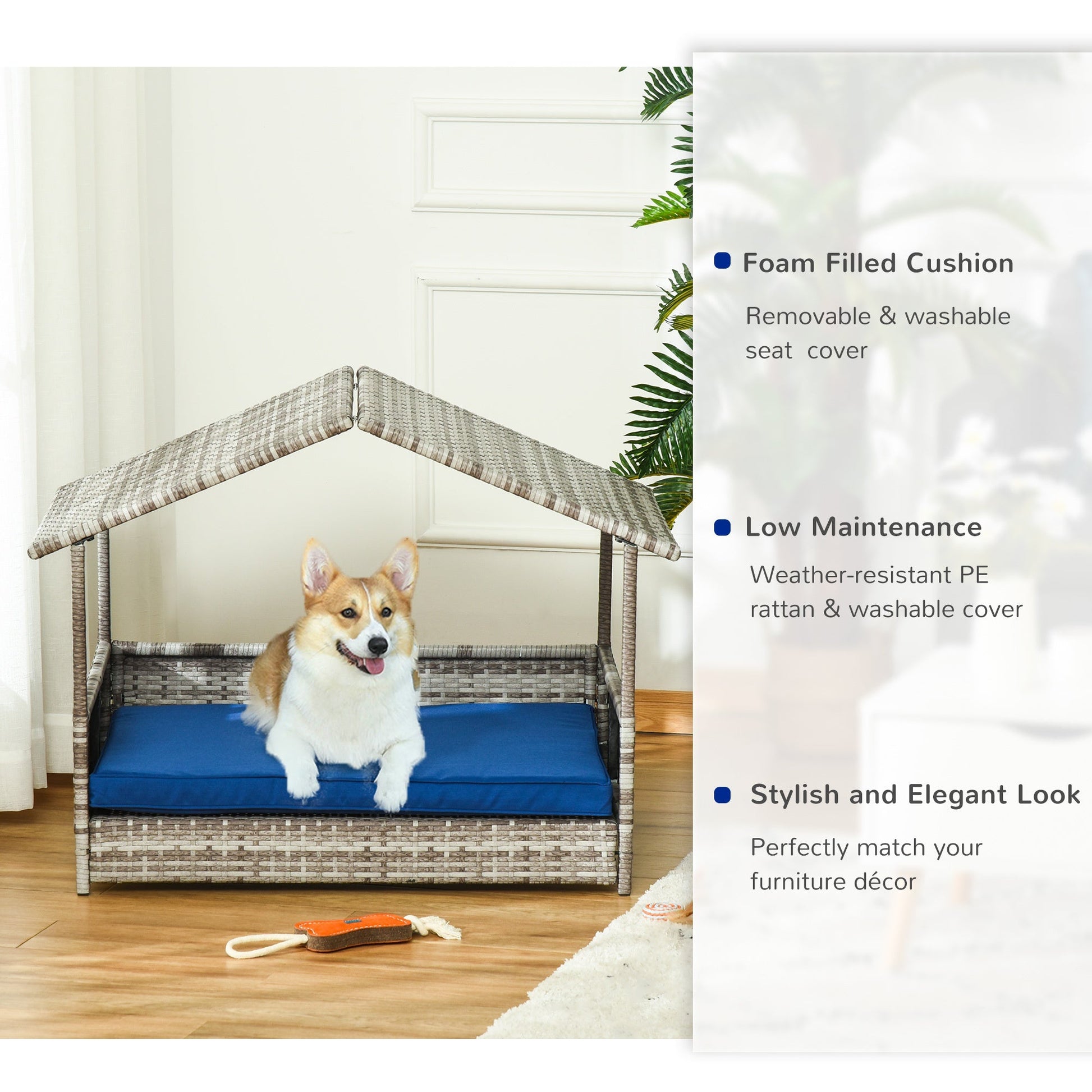 KFX-6044477 Indoor/Outdoor Rattan Pet House with Water-Resistant Cushions and Elevated Design, Dark Blue