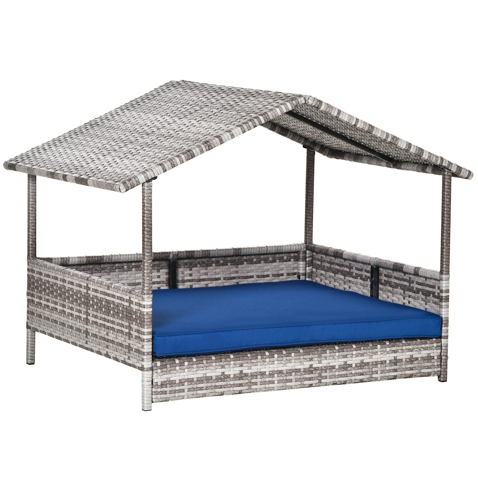KFX-6044477 Indoor/Outdoor Rattan Pet House with Water-Resistant Cushions and Elevated Design, Dark Blue