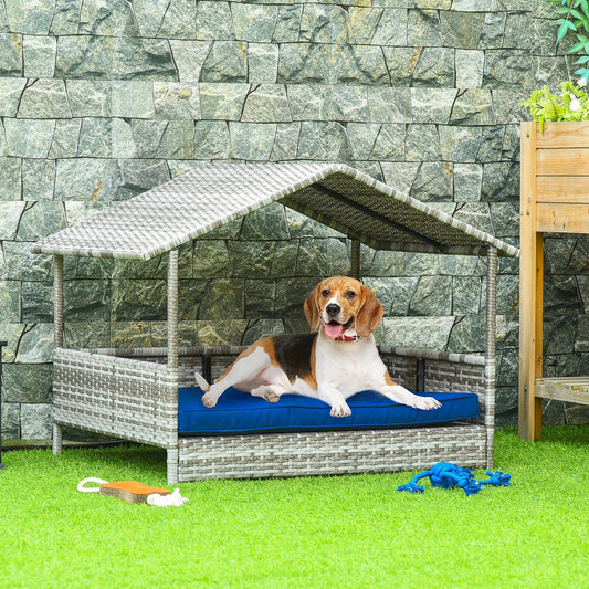 KFX-6044477 Indoor/Outdoor Rattan Pet House with Water-Resistant Cushions and Elevated Design, Dark Blue
