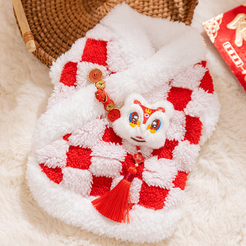 KFX-6050365 Lunar New Year Plush Dog Coat with Lion Dance Embroidery and Festive Design