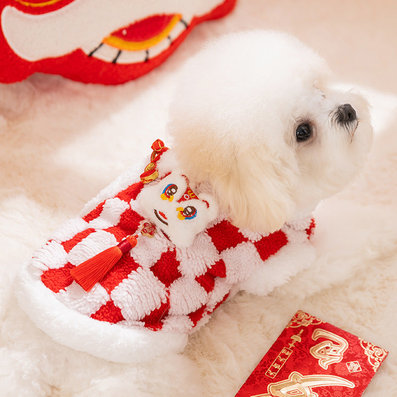 KFX-6050365 Lunar New Year Plush Dog Coat with Lion Dance Embroidery and Festive Design