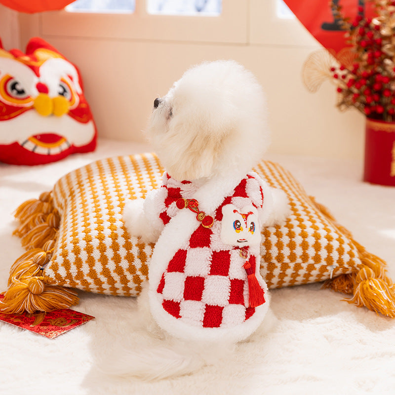 KFX-6050365 Lunar New Year Plush Dog Coat with Lion Dance Embroidery and Festive Design