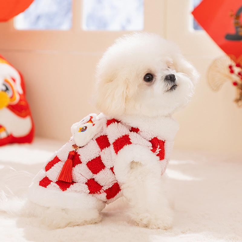 KFX-6050365 Lunar New Year Plush Dog Coat with Lion Dance Embroidery and Festive Design