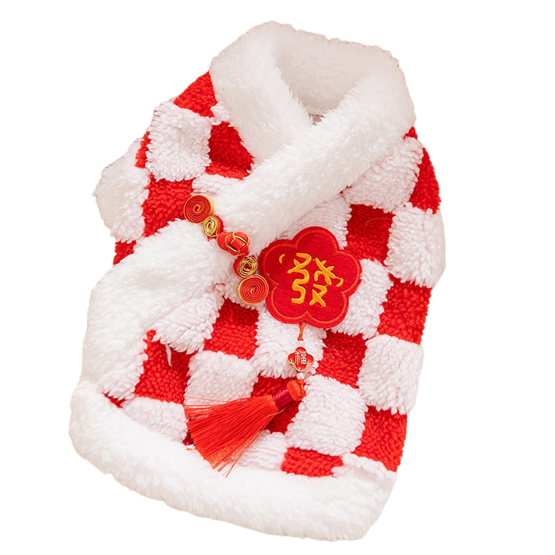 KFX-6050365 Lunar New Year Plush Dog Coat with Lion Dance Embroidery and Festive Design