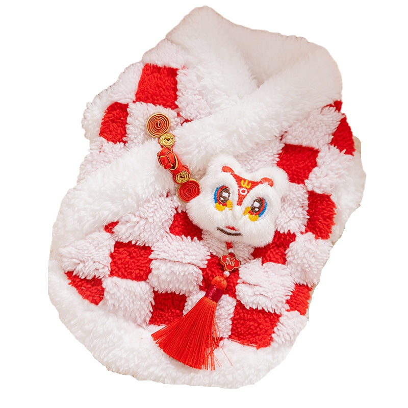 KFX-6050365 Lunar New Year Plush Dog Coat with Lion Dance Embroidery and Festive Design