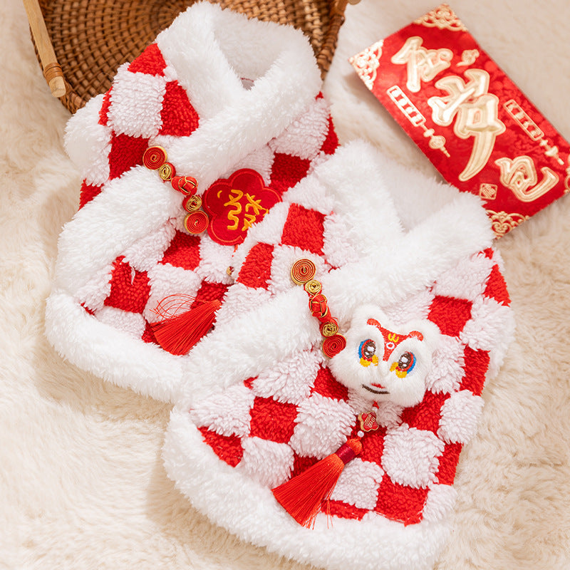 KFX-6050365 Lunar New Year Plush Dog Coat with Lion Dance Embroidery and Festive Design