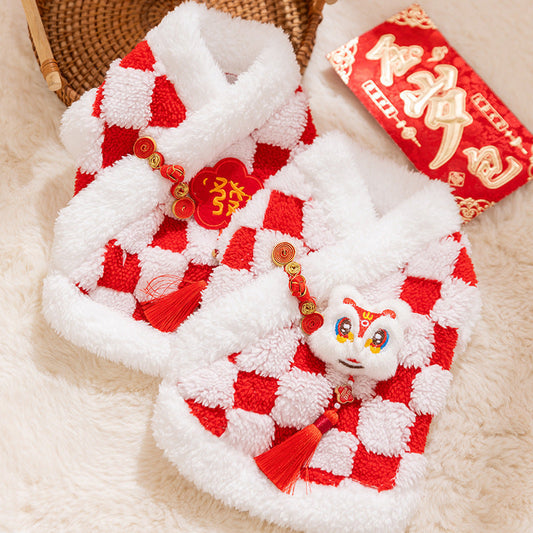 KFX-6050365 Lunar New Year Plush Dog Coat with Lion Dance Embroidery and Festive Design