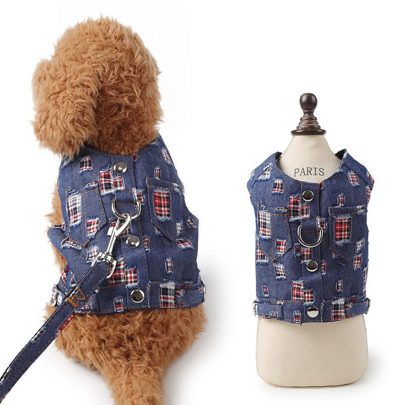 KFX-6050877 Light Blue and Dark Blue Pet Denim Vest with Lattice Hole Design