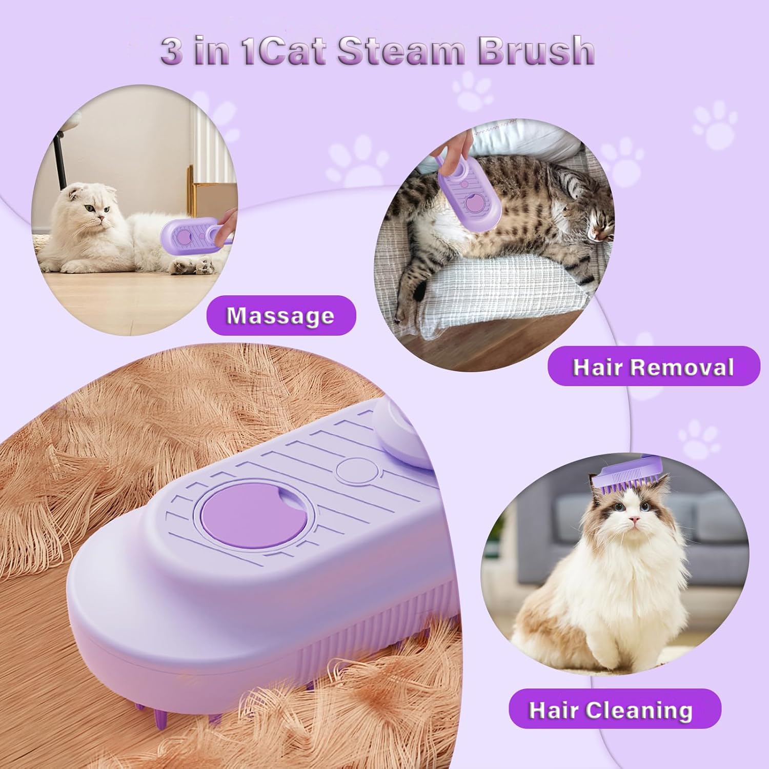 KFX-6054845 3-in-1 Cat Steam Brush with Foldable Handle for Shedding, Cleaning, and Massage – Suitable for Cats and Dogs