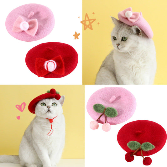 KFX-6059581 Wool Hat for Cats in Red Cherry or Pink Cherry - Winter Wear