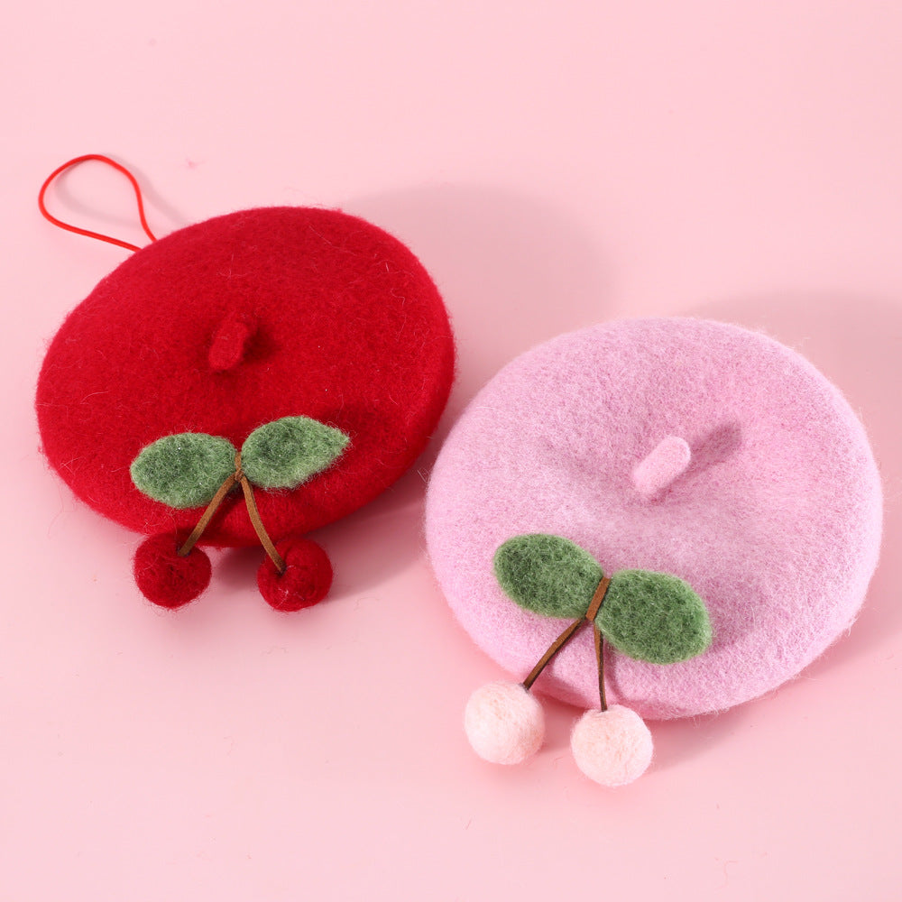 KFX-6059581 Wool Hat for Cats in Red Cherry or Pink Cherry - Winter Wear