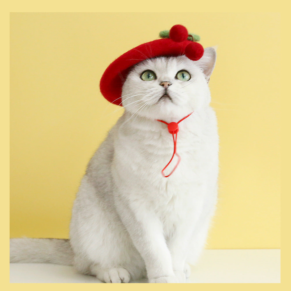 KFX-6059581 Wool Hat for Cats in Red Cherry or Pink Cherry - Winter Wear