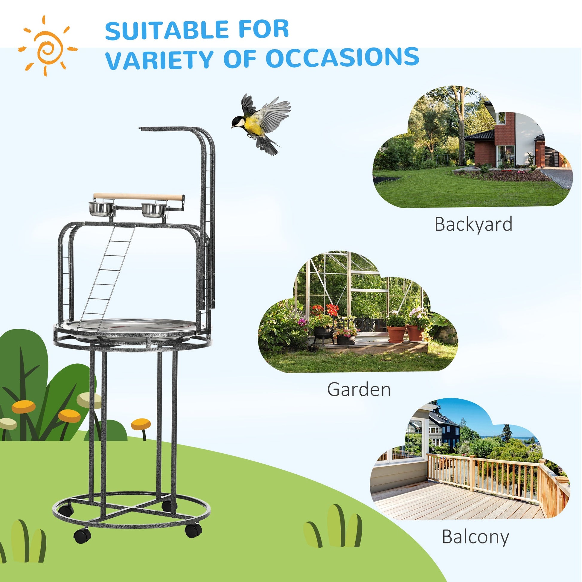 KFX-6064957 Large Bird Perch Stand with Toy Hook & 3 Ladders, Comfortable Wooden Perch for Parrots, Gray