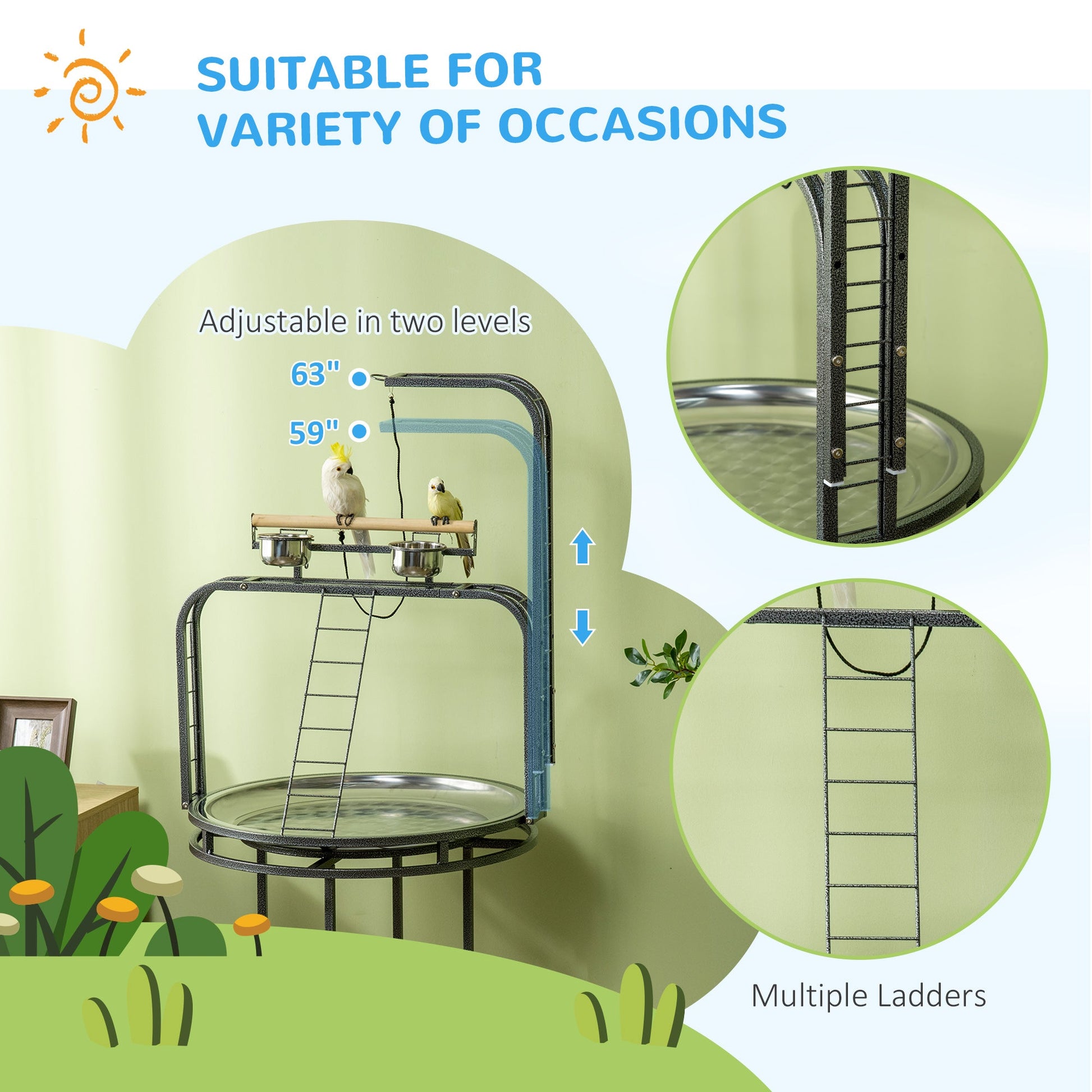 KFX-6064957 Large Bird Perch Stand with Toy Hook & 3 Ladders, Comfortable Wooden Perch for Parrots, Gray