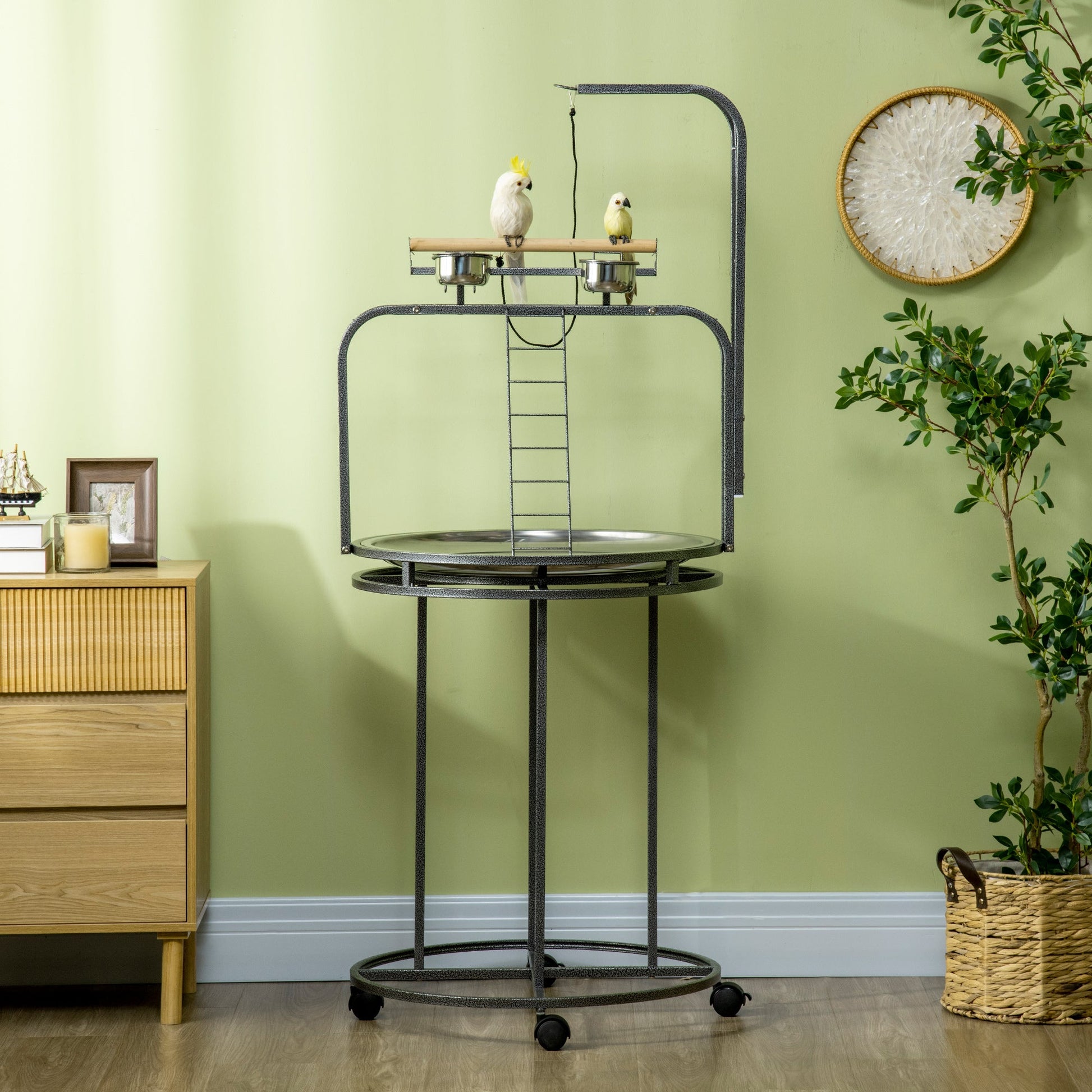 KFX-6064957 Large Bird Perch Stand with Toy Hook & 3 Ladders, Comfortable Wooden Perch for Parrots, Gray