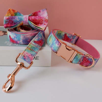 KFX-6065085 Blue and Rose Gold Buckle Dog Collar with Leash and Bow Set - Cotton Material, Sizes S to XL