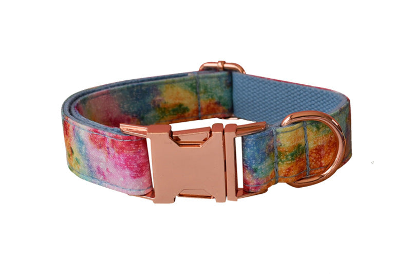 KFX-6065085 Blue and Rose Gold Buckle Dog Collar with Leash and Bow Set - Cotton Material, Sizes S to XL
