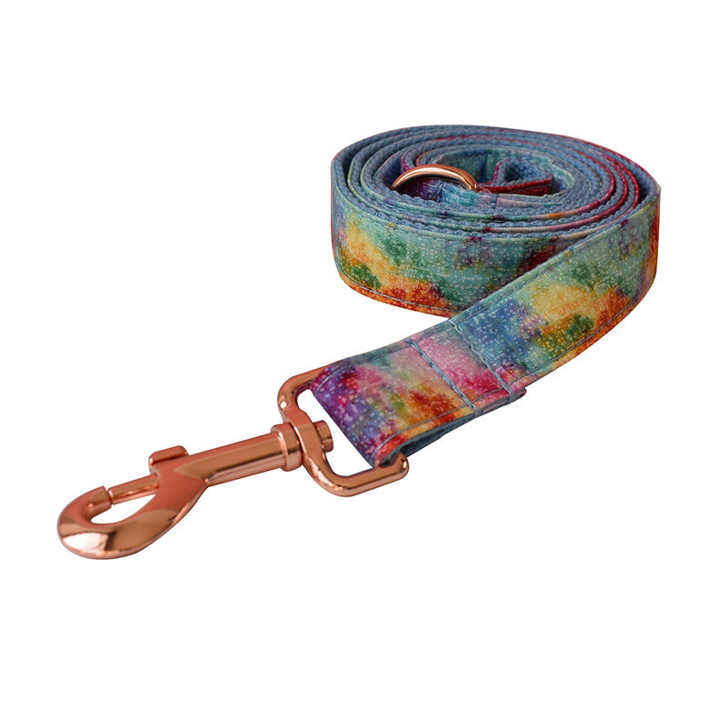 KFX-6065085 Blue and Rose Gold Buckle Dog Collar with Leash and Bow Set - Cotton Material, Sizes S to XL