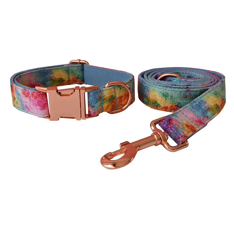 KFX-6065085 Blue and Rose Gold Buckle Dog Collar with Leash and Bow Set - Cotton Material, Sizes S to XL