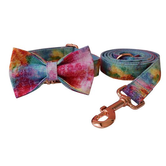 KFX-6065085 Blue and Rose Gold Buckle Dog Collar with Leash and Bow Set - Cotton Material, Sizes S to XL