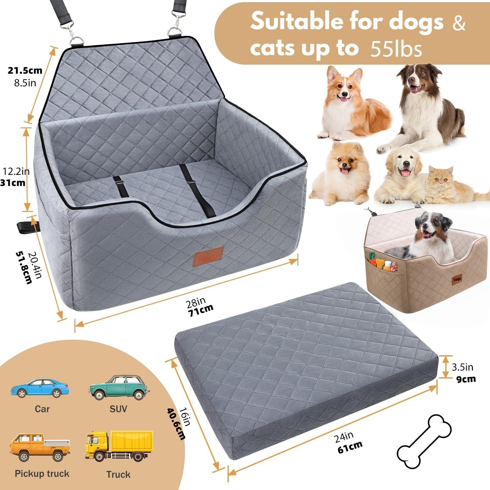 KFX-6067133 Breathable Pet Car Nest for Dogs – Gray and Beige, 70x50x30cm