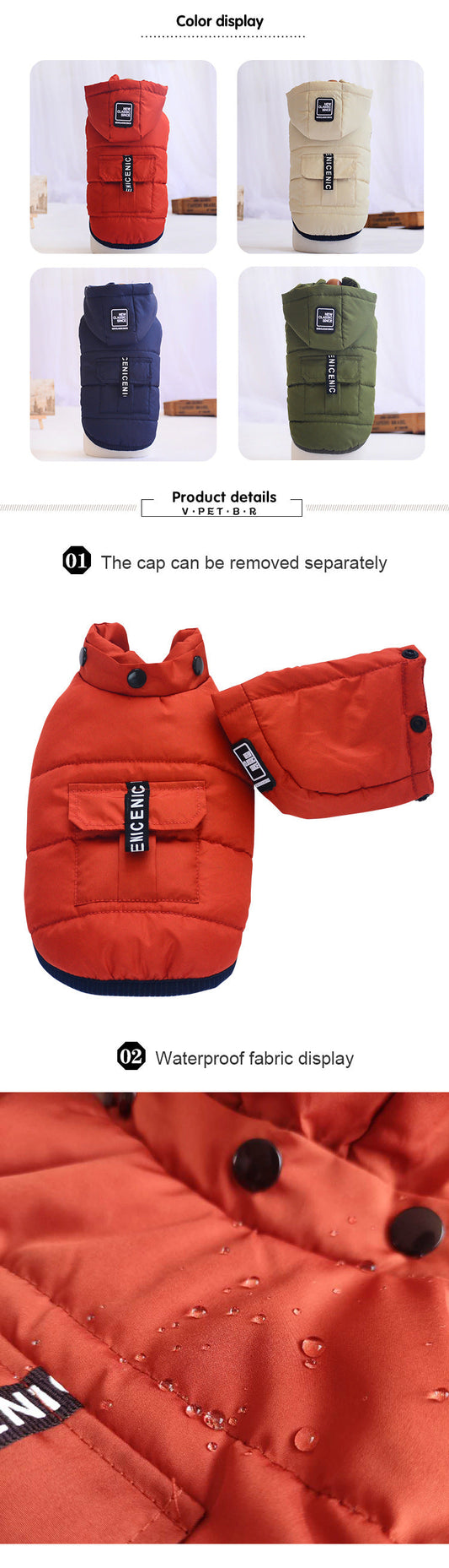 KFX-6073405 Removable Waterproof Cotton Pet Vest with Adjustable Hat in Multiple Colors