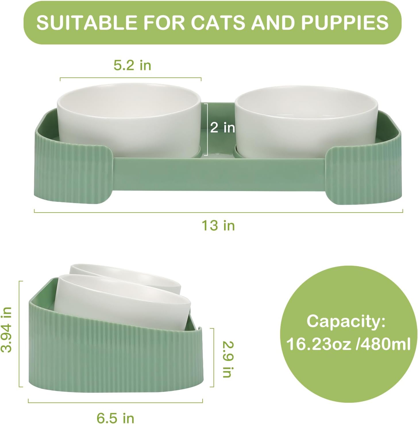 KFX-6076093 Elevated Ceramic Cat Bowls Set with 15° Tilted Design for Anti-Vomiting and Spill-Proof Feeding