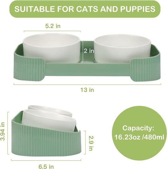 KFX-6076093 Elevated Ceramic Cat Bowls Set with 15° Tilted Design for Anti-Vomiting and Spill-Proof Feeding
