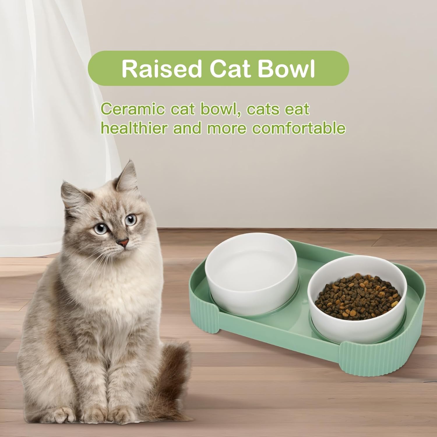 KFX-6076093 Elevated Ceramic Cat Bowls Set with 15° Tilted Design for Anti-Vomiting and Spill-Proof Feeding