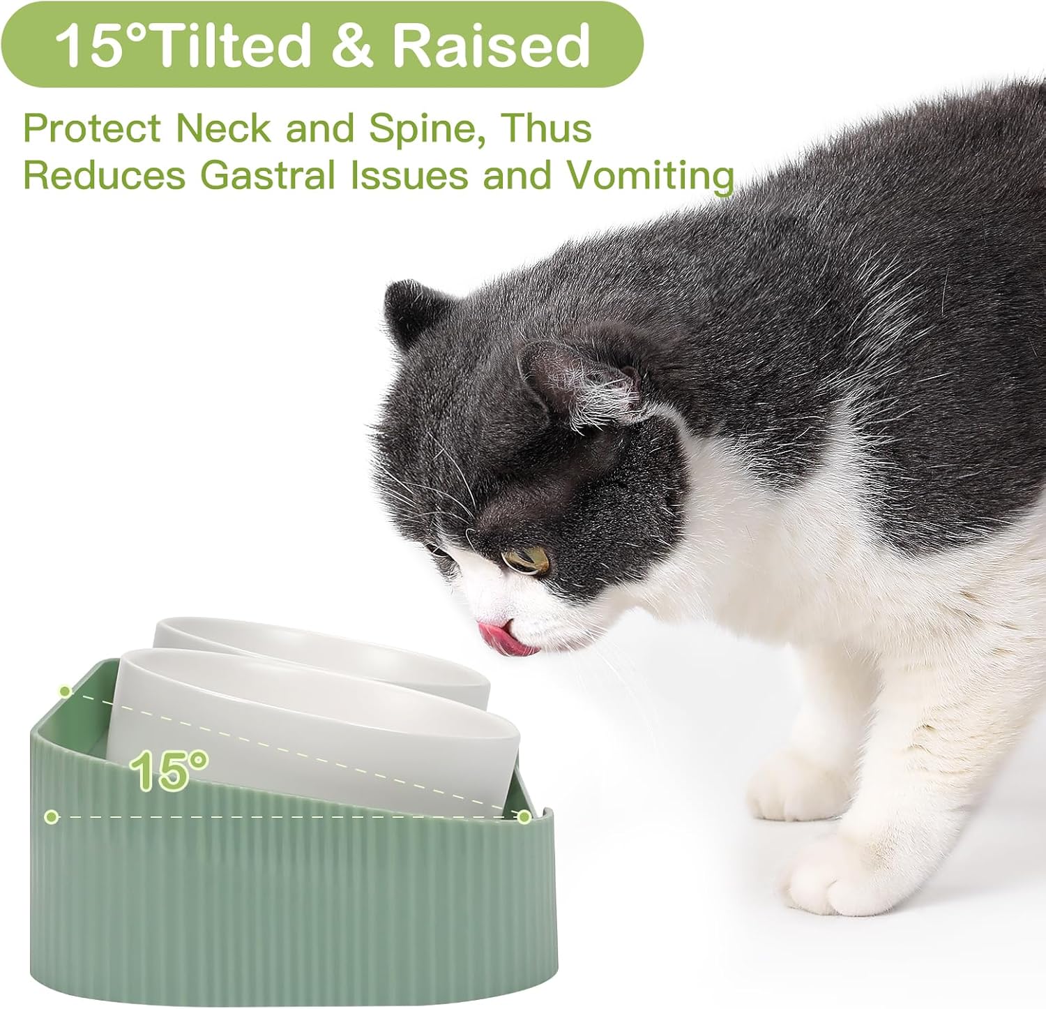KFX-6076093 Elevated Ceramic Cat Bowls Set with 15° Tilted Design for Anti-Vomiting and Spill-Proof Feeding