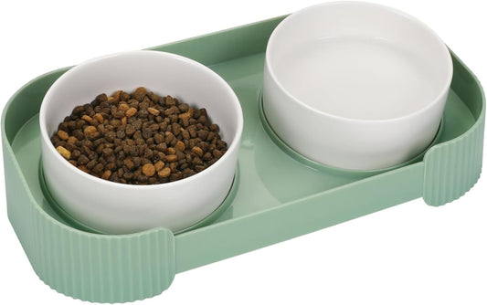 KFX-6076093 Elevated Ceramic Cat Bowls Set with 15° Tilted Design for Anti-Vomiting and Spill-Proof Feeding