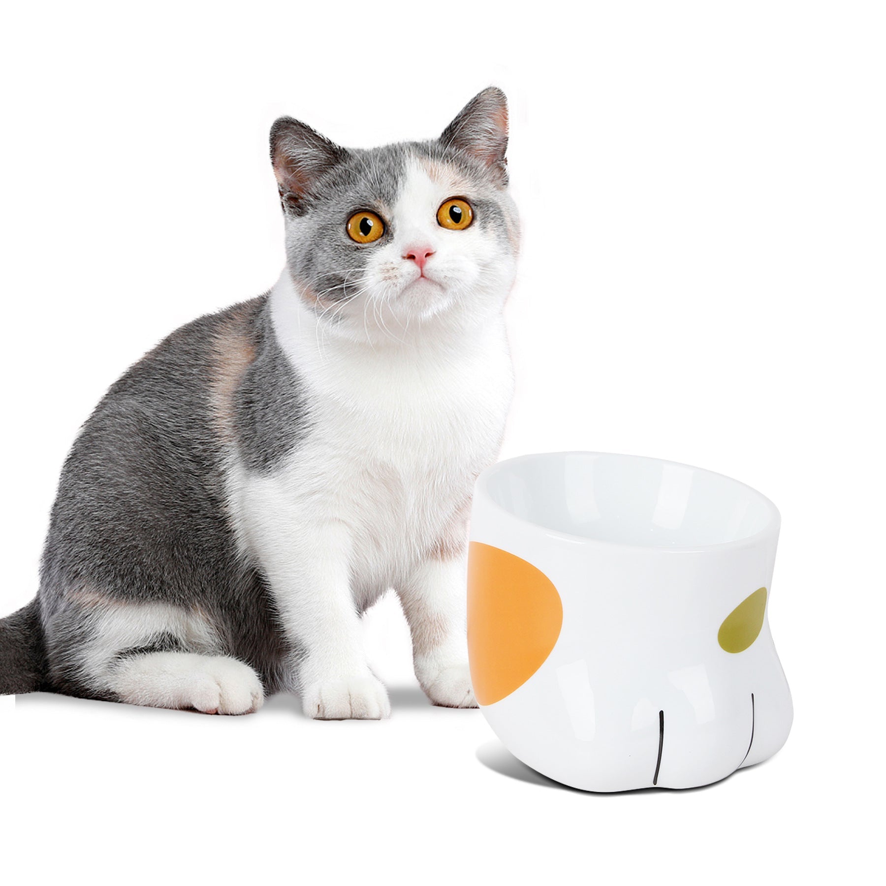 KFX-6078781 Ceramic Cat Paw Bowl - White Food and Water Bowl for Cats