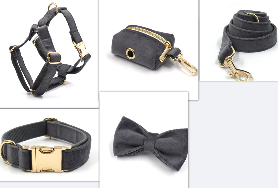 KFX-6080061 Dark Grey Velvet Pet Collar and Leash Set with Bow and Chest Harness