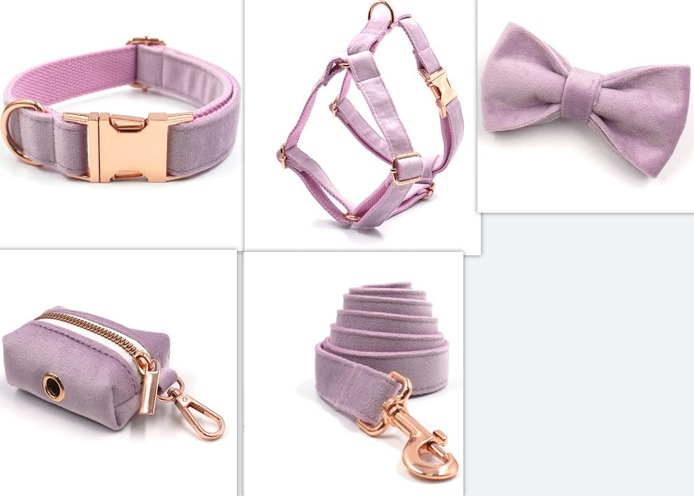 KFX-6080061 Dark Grey Velvet Pet Collar and Leash Set with Bow and Chest Harness