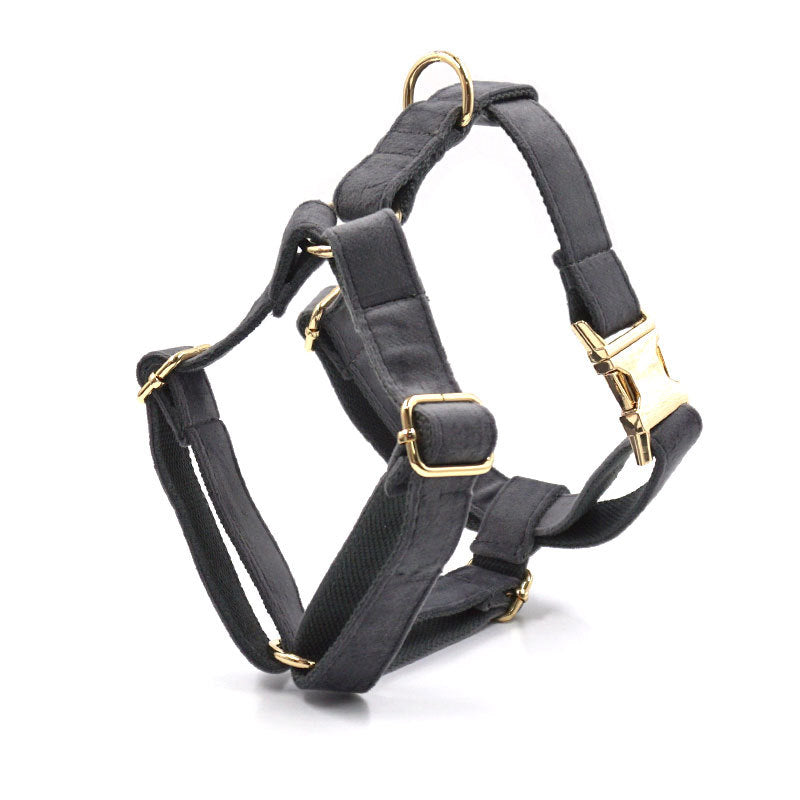 KFX-6080061 Dark Grey Velvet Pet Collar and Leash Set with Bow and Chest Harness