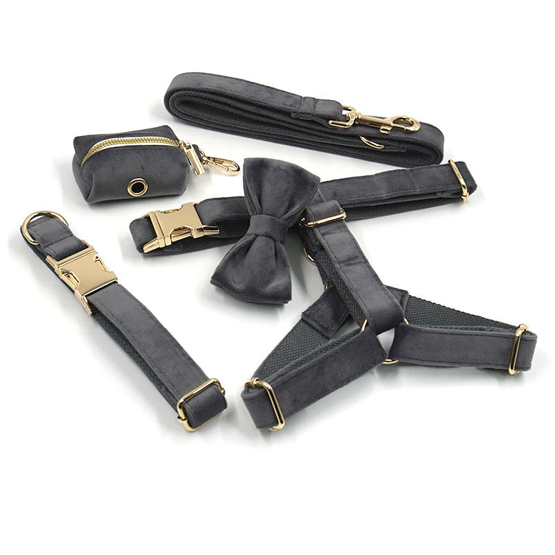 KFX-6080061 Dark Grey Velvet Pet Collar and Leash Set with Bow and Chest Harness