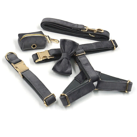 KFX-6080061 Dark Grey Velvet Pet Collar and Leash Set with Bow and Chest Harness